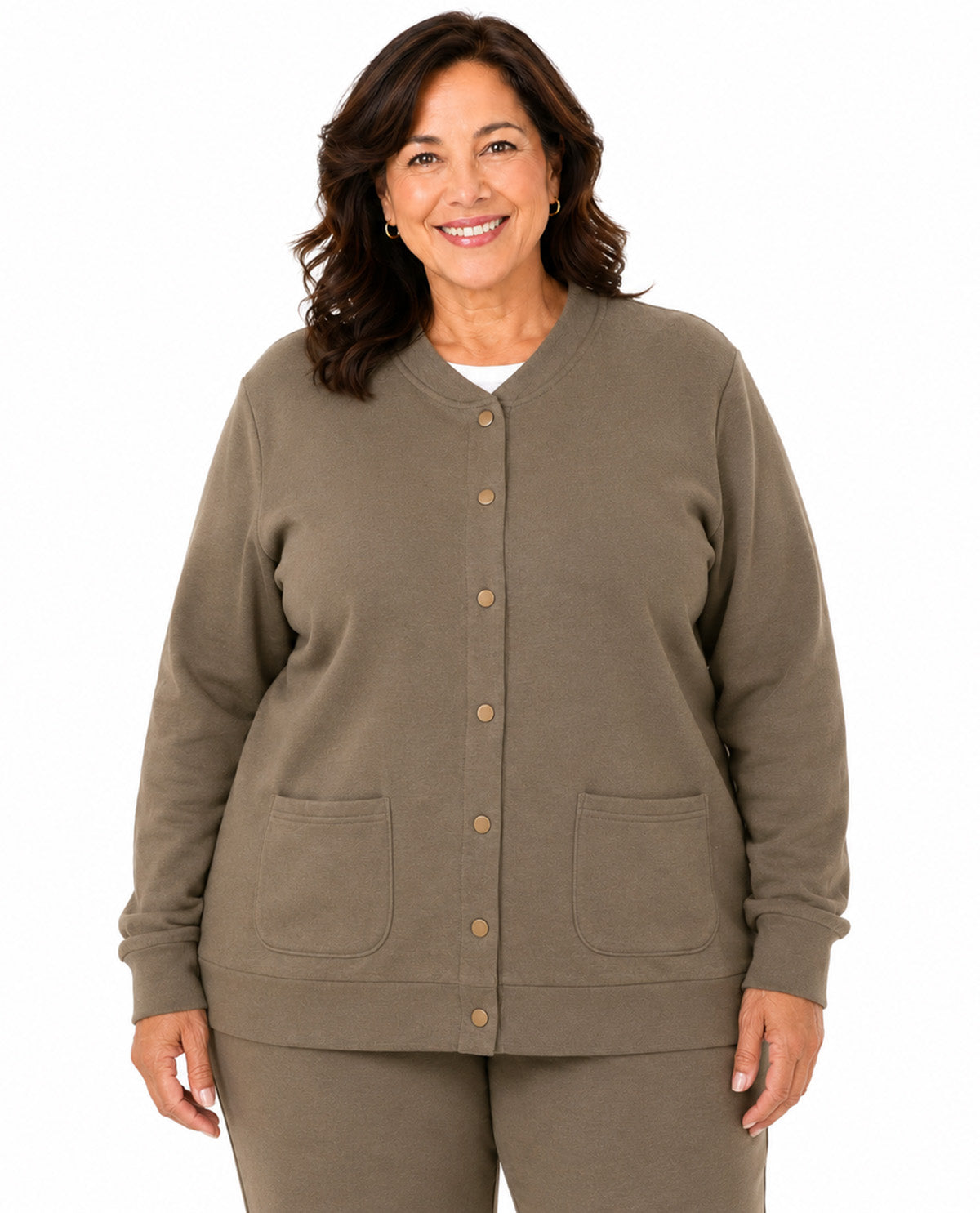 A woman modeling a matching taupe brown cardigan and sweatpants set against a plain white background.