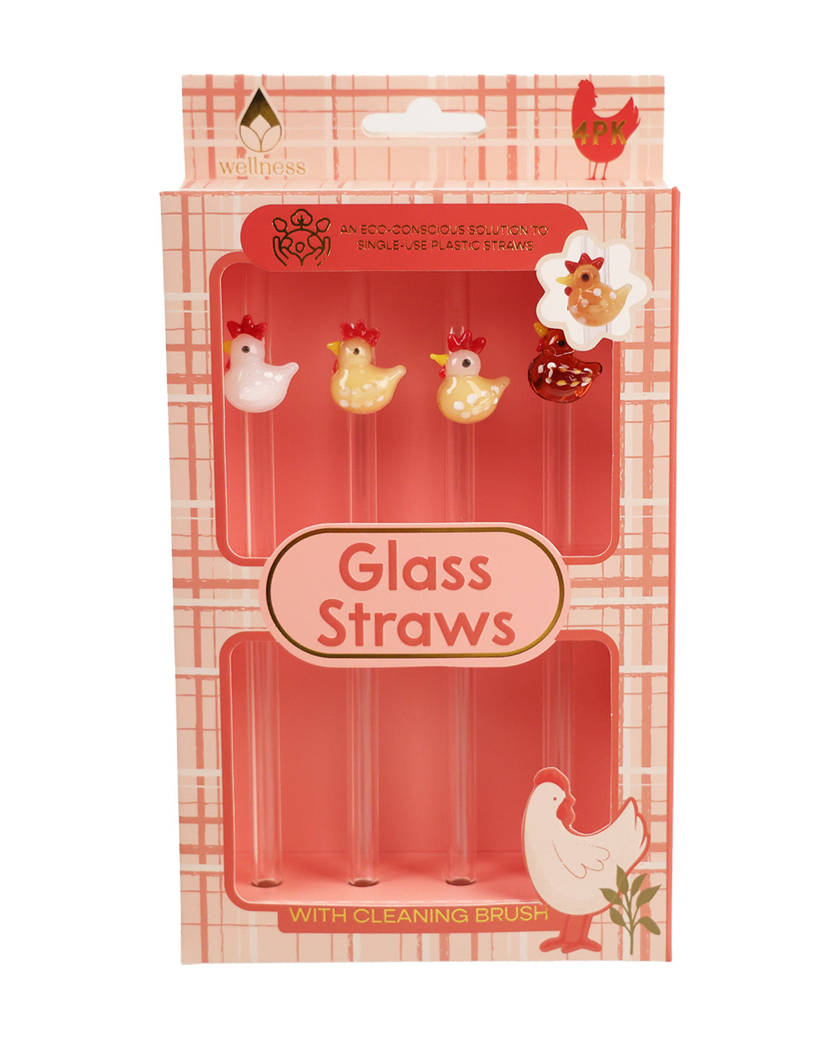 4pk Glass Straws - Chickens