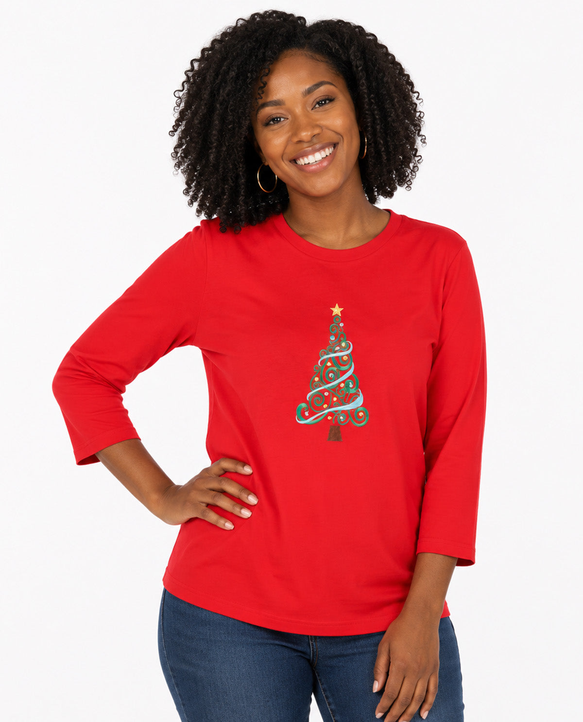 Person wearing a red top with Christmas swirly tree with a white background