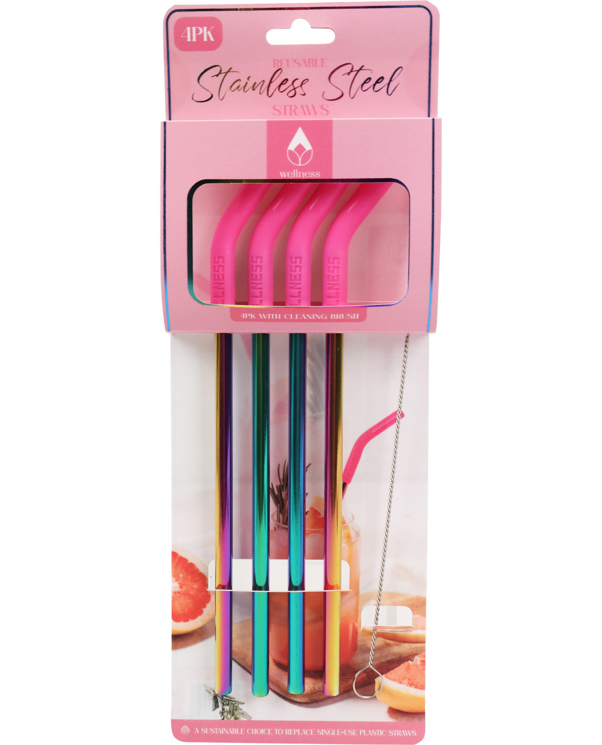 Set of colorful stainless steel straws in packaging with brand name.