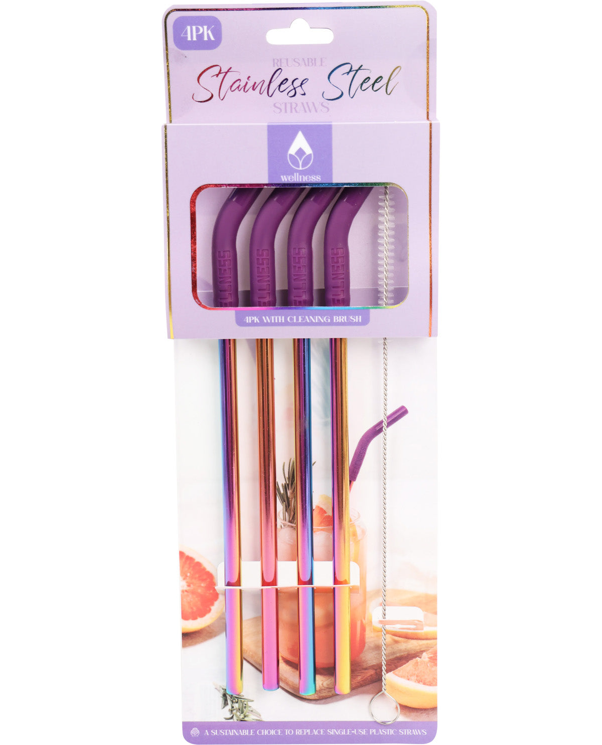 Wellness 4 Piece Purple Stainless Steel Straws