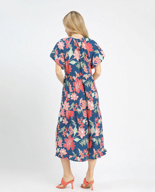 Umgee Floral Print V-Neck Tiered Dress Navy