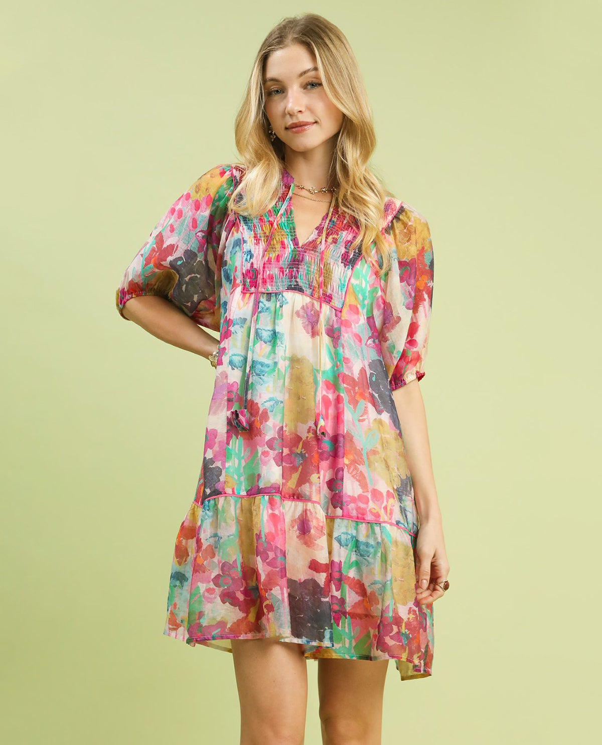 Umgee Watercolor Floral Print Babydoll Dress Pink