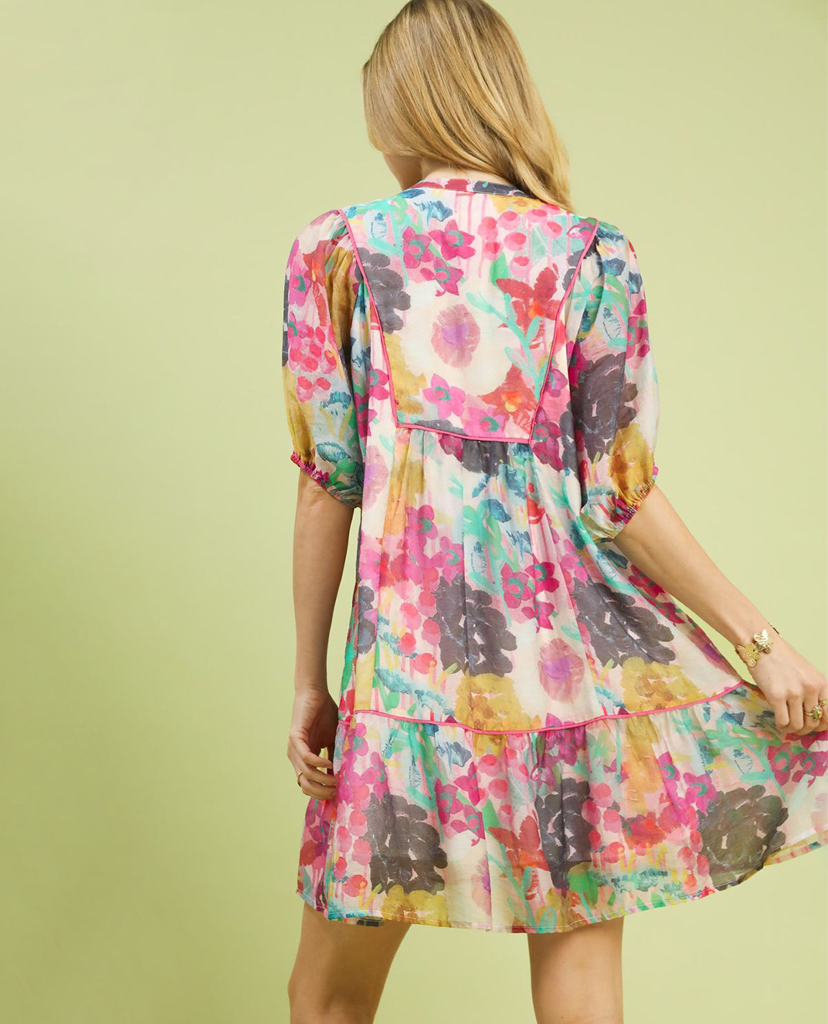 Umgee Watercolor Floral Print Babydoll Dress Pink