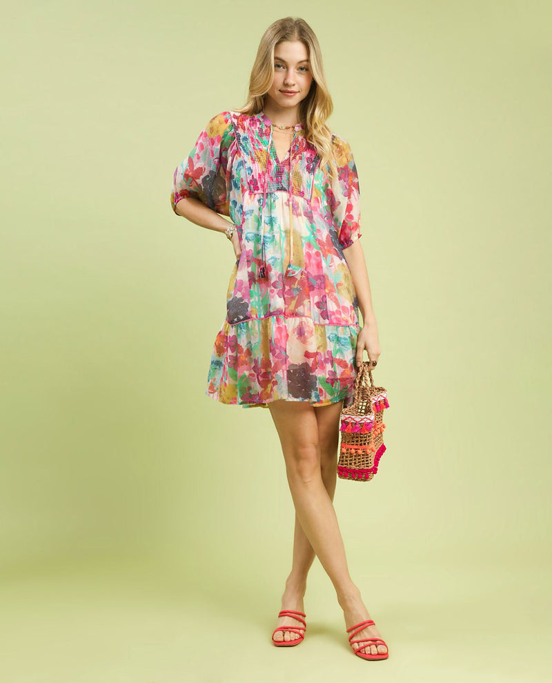 Umgee Watercolor Floral Print Babydoll Dress Pink