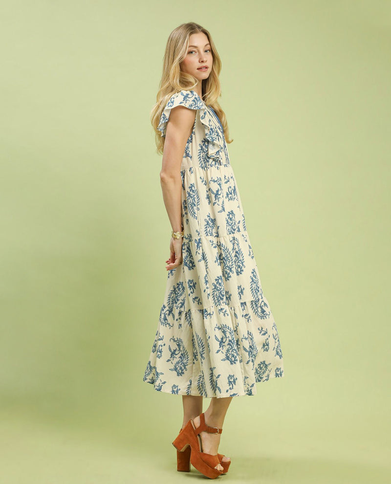 Umgee Paisley Print Tiered Dress Blue