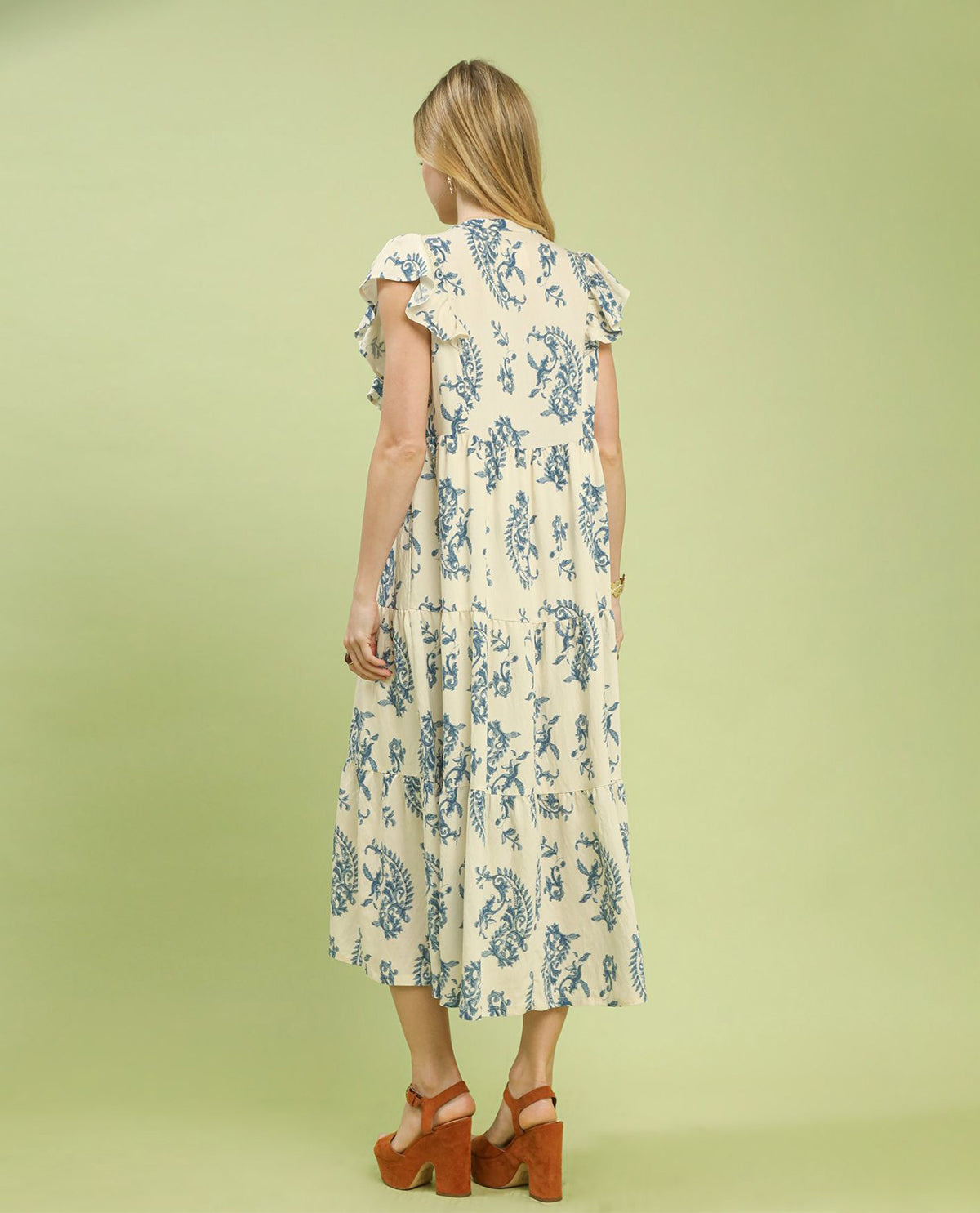 Umgee Paisley Print Tiered Dress Blue