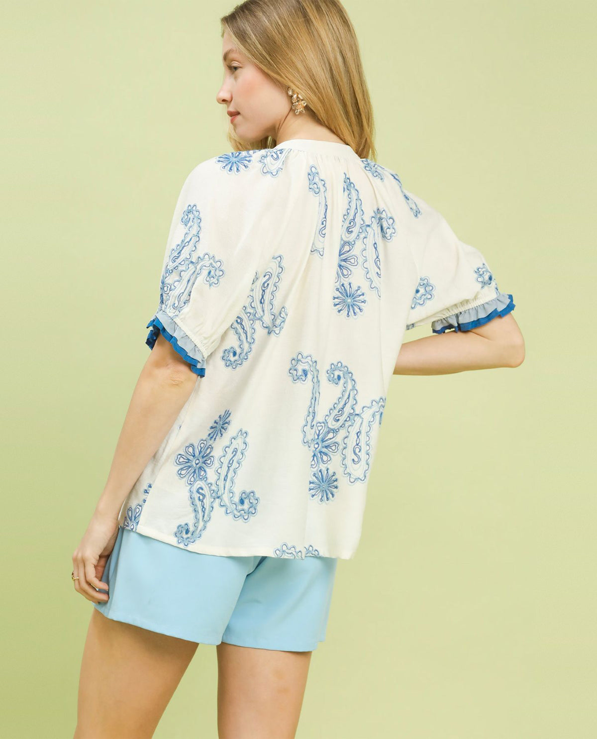 Umgee Paisley V-Neck Top With Short Puff Sleeves Lt Blue