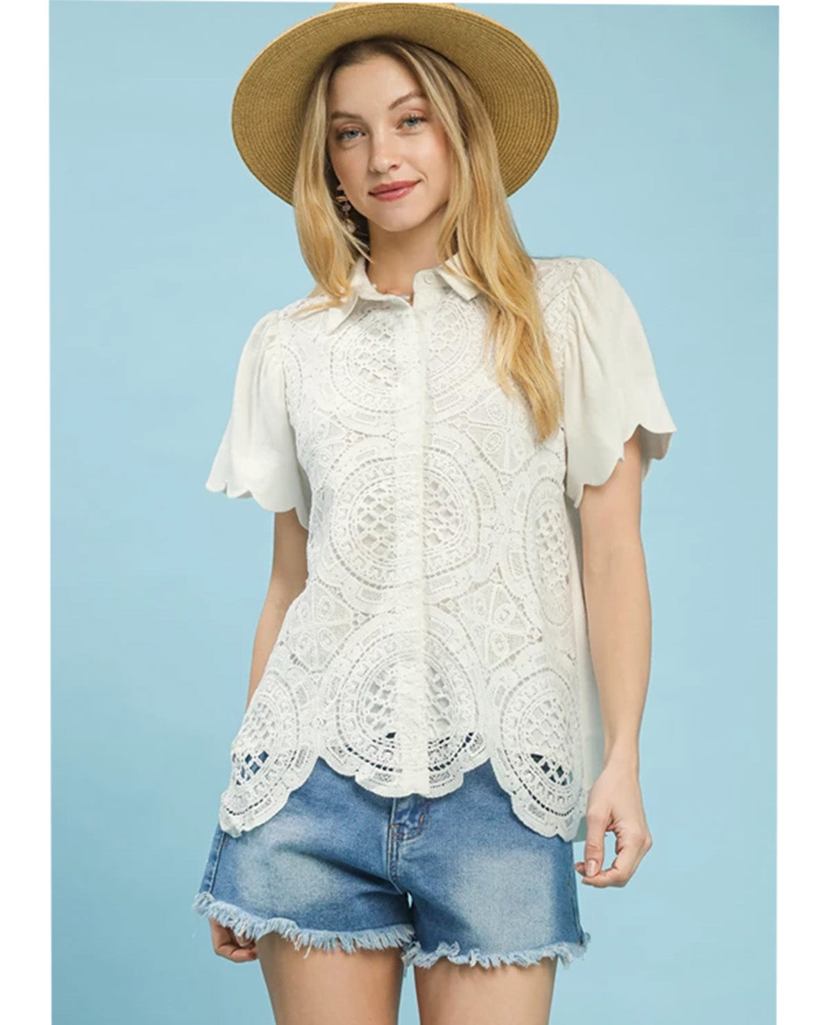 Umgee Lace Button Down Top Off White
