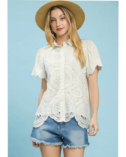Umgee Lace Button Down Top Off White