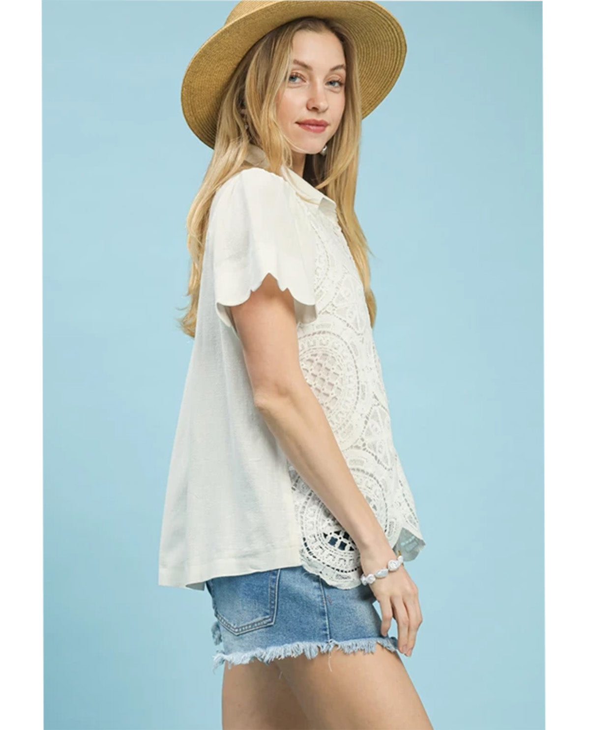 Umgee Lace Button Down Top Off White