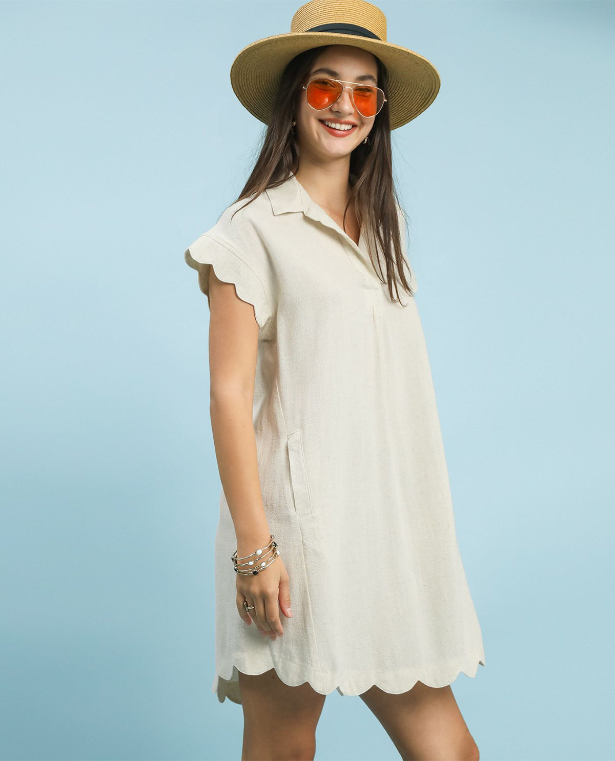 Umgee Linen V-Neck Dress Oatmeal