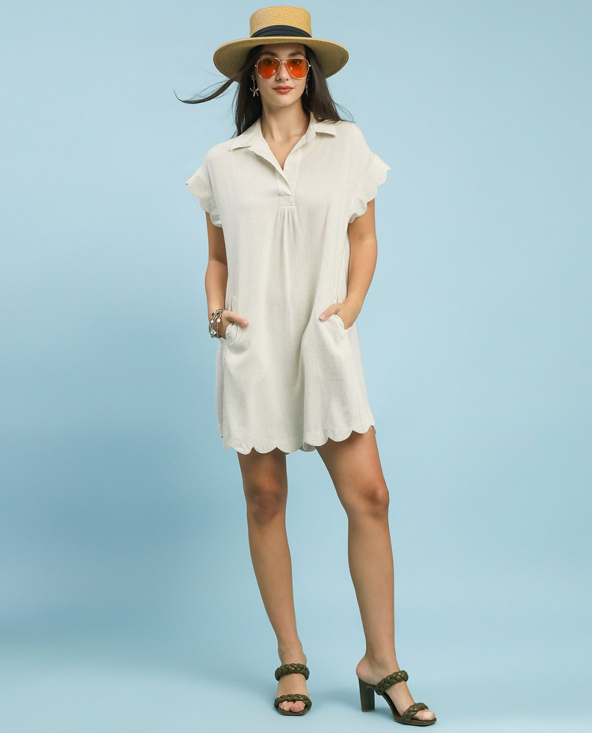 Umgee Linen V-Neck Dress Oatmeal