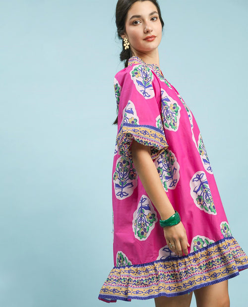 Umgee Flower Print V-Neck Dress With Short Wide Sleeves Fuchsia