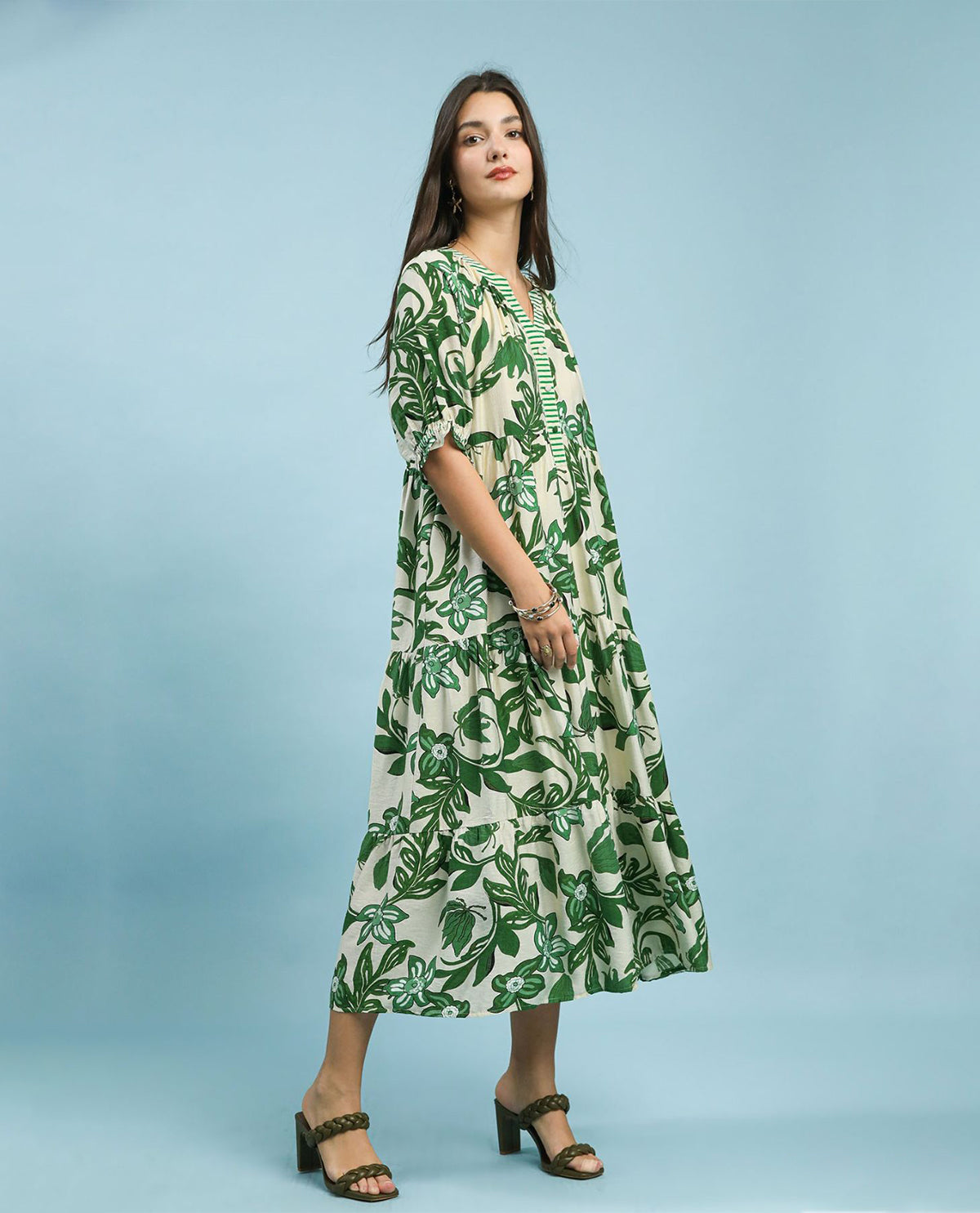 Umgee Floral Tiered Dress With Stripe Trim Green