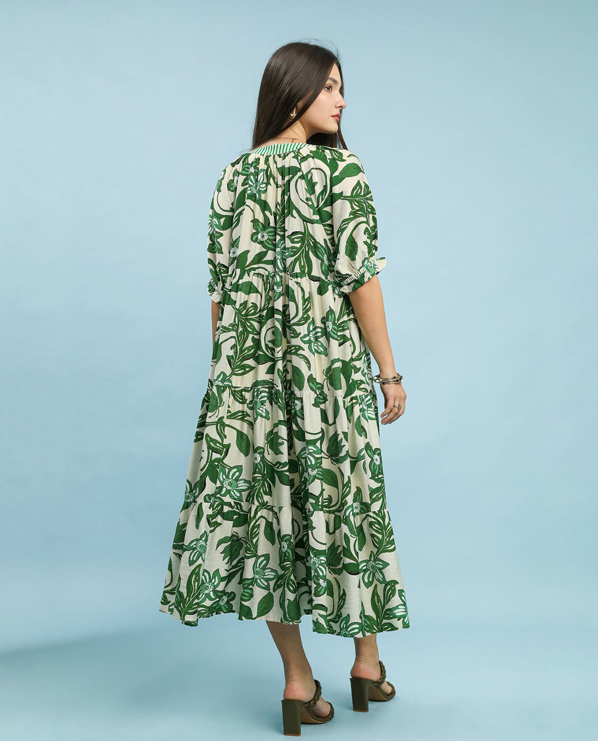 Umgee Floral Tiered Dress With Stripe Trim Green