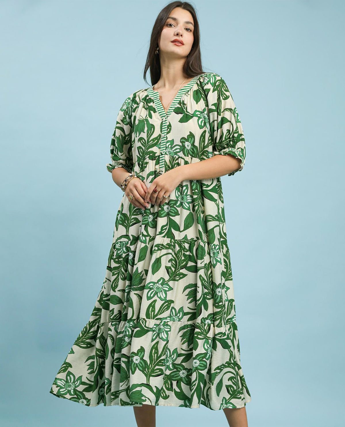 Umgee Floral Tiered Dress With Stripe Trim Green