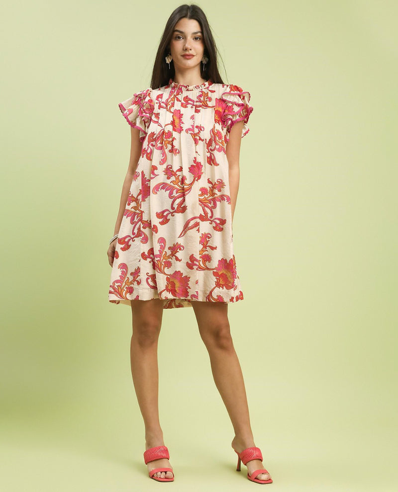 Umgee Print Pleat Front Dress Pink