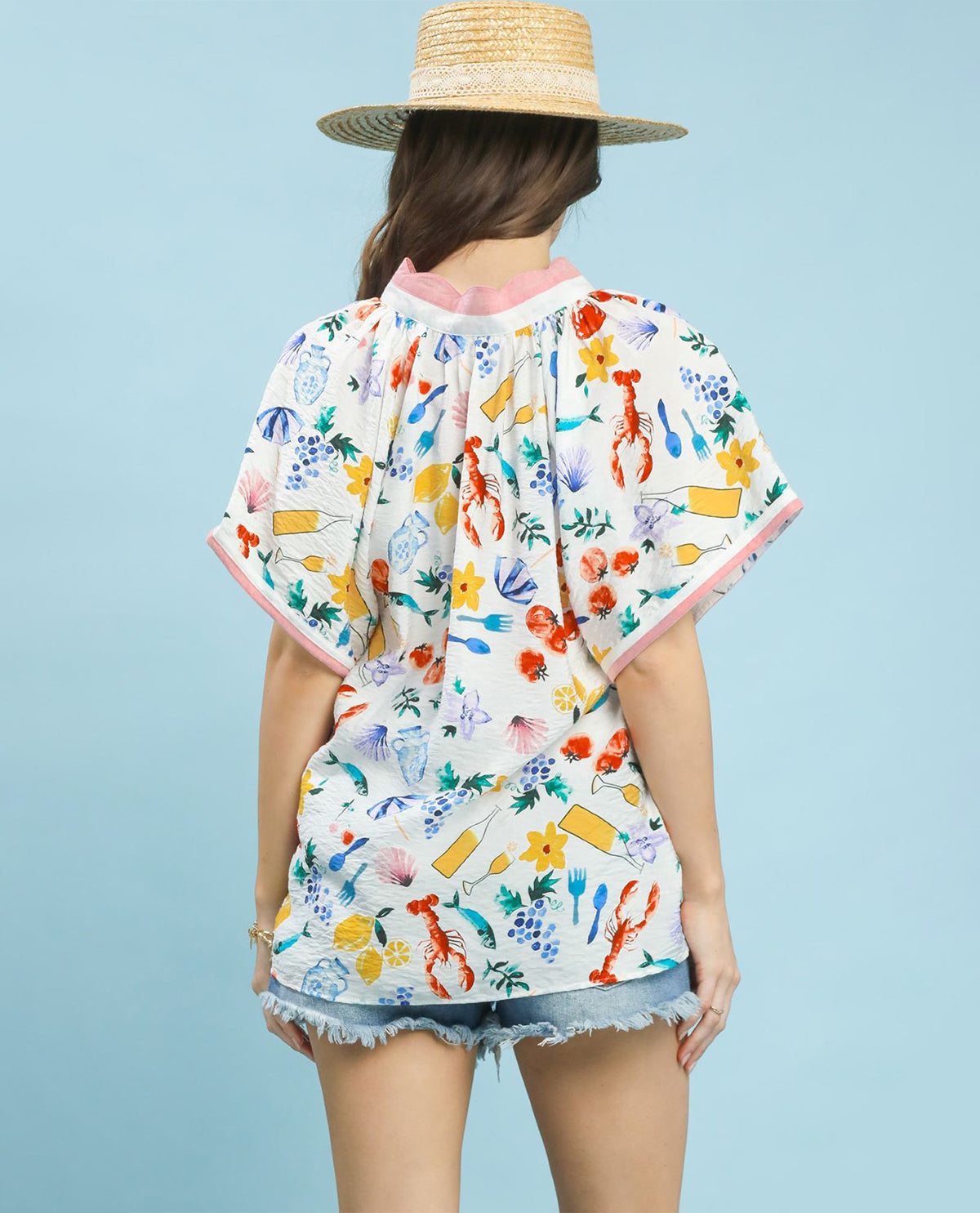 Umgee V-Neck Scalloped Edge Top Cream