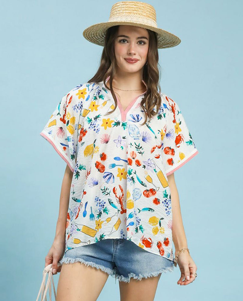 Umgee V-Neck Scalloped Edge Top Cream