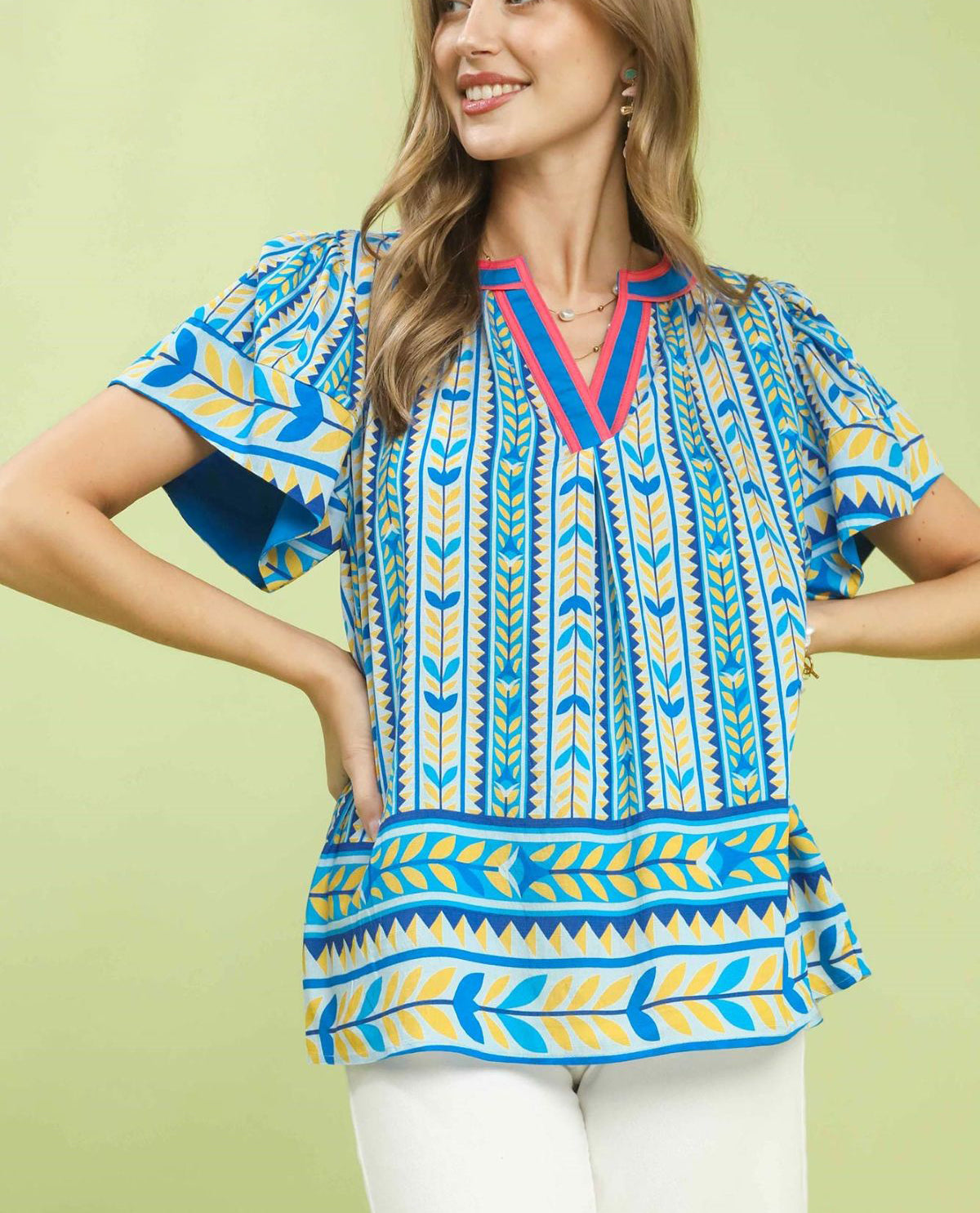 Umgee V-Neck Print Top Blue