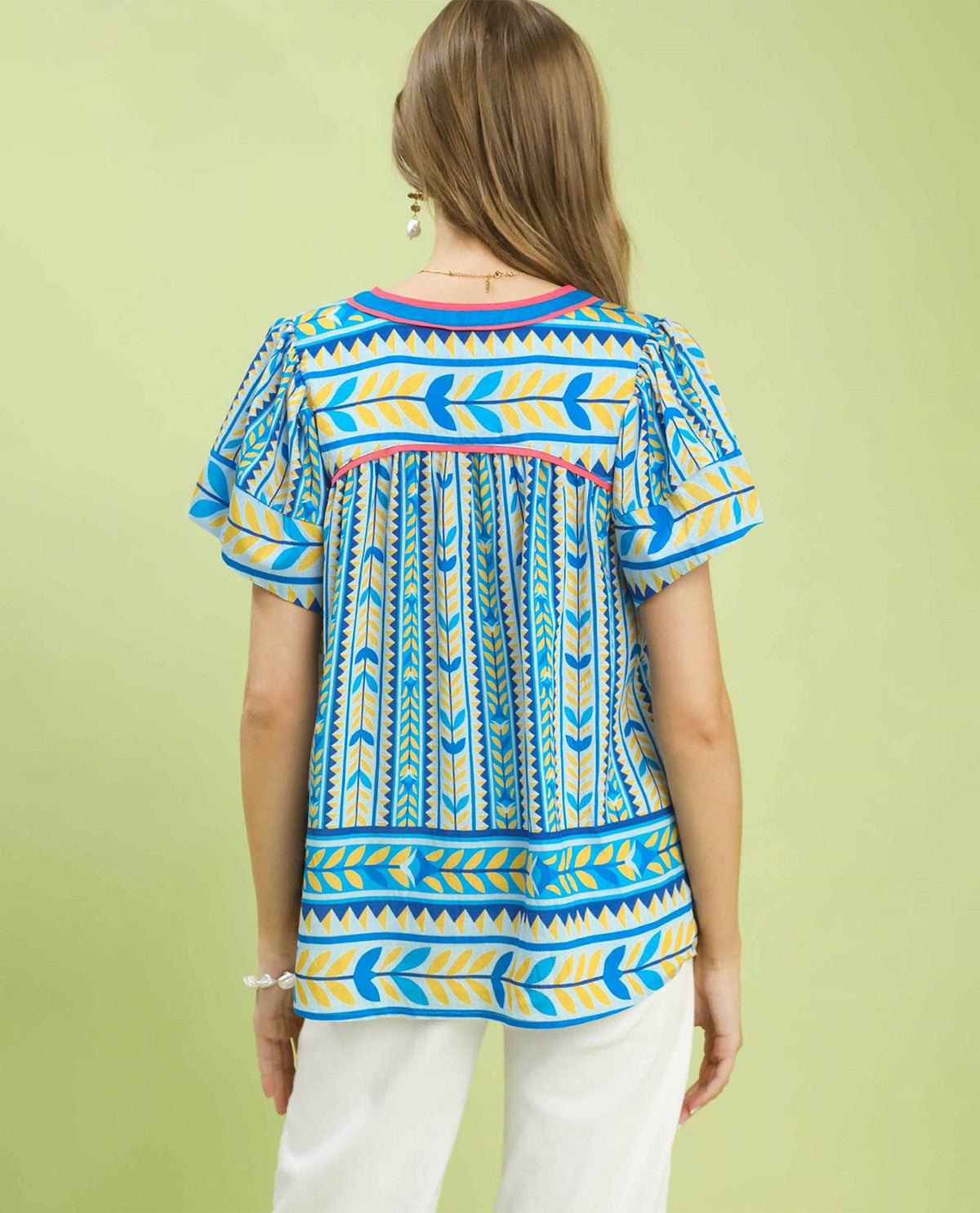 Umgee V-Neck Print Top Blue