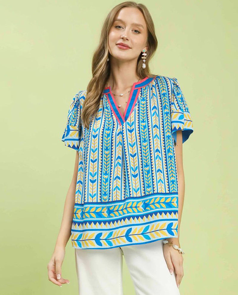 Umgee V-Neck Print Top Blue