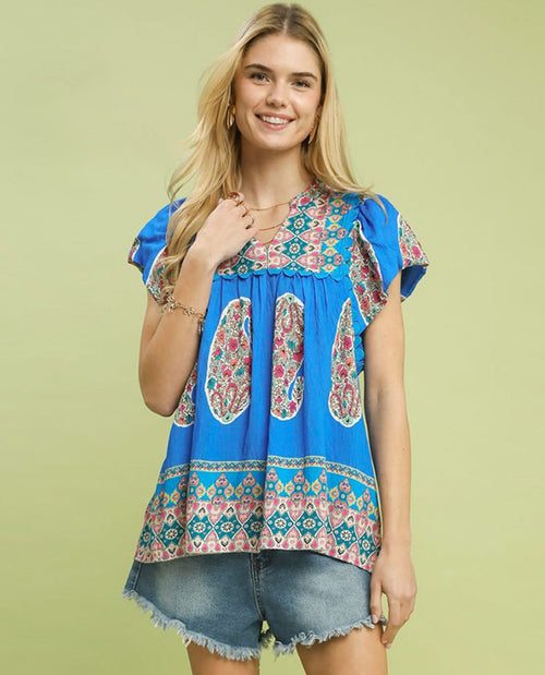 Umgee Slit Neck Print Top
