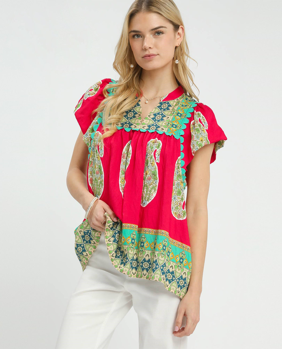 Umgee Slit Neck Print Top