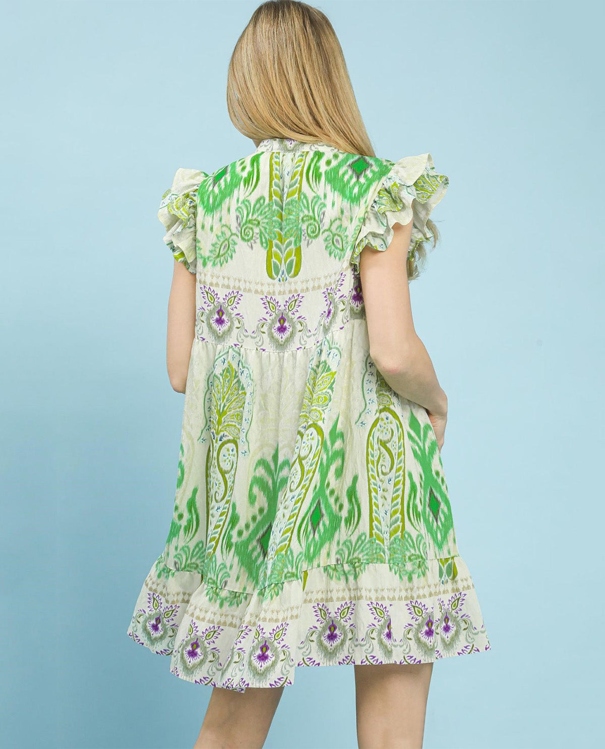 Umgee V-Neck Ruffle Tiered Dress Green