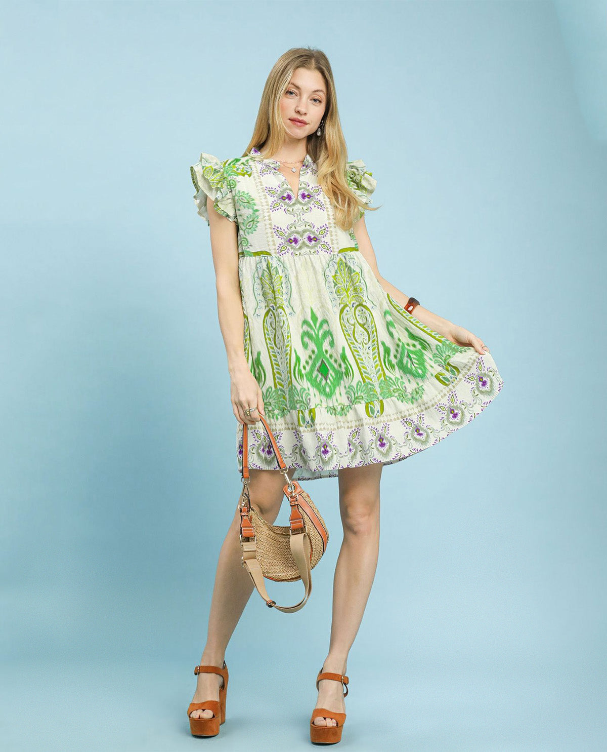 Umgee V-Neck Ruffle Tiered Dress Green