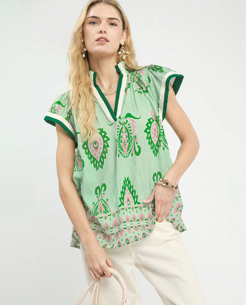 Umgee V-Neck Smocked Collar Top Green
