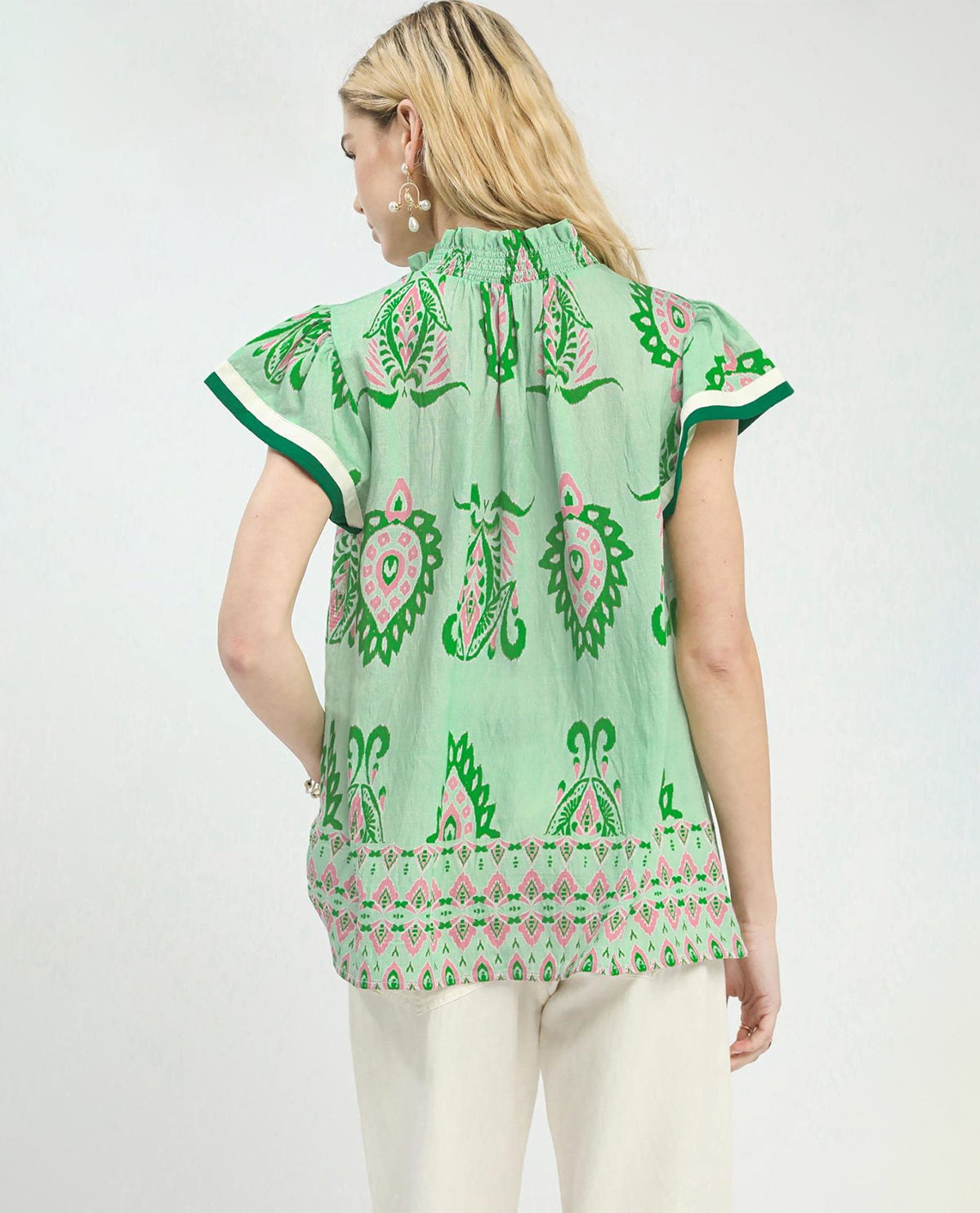 Umgee V-Neck Smocked Collar Top Green