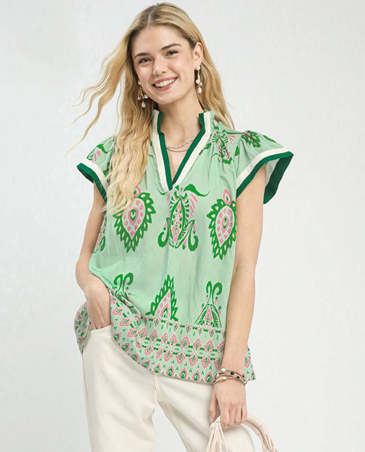 Umgee V-Neck Smocked Collar Top Green
