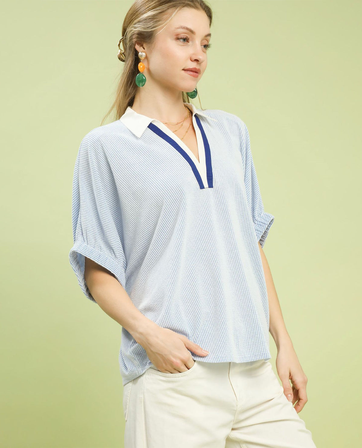 Umgee V-Neck Collar Dolman Top Blue