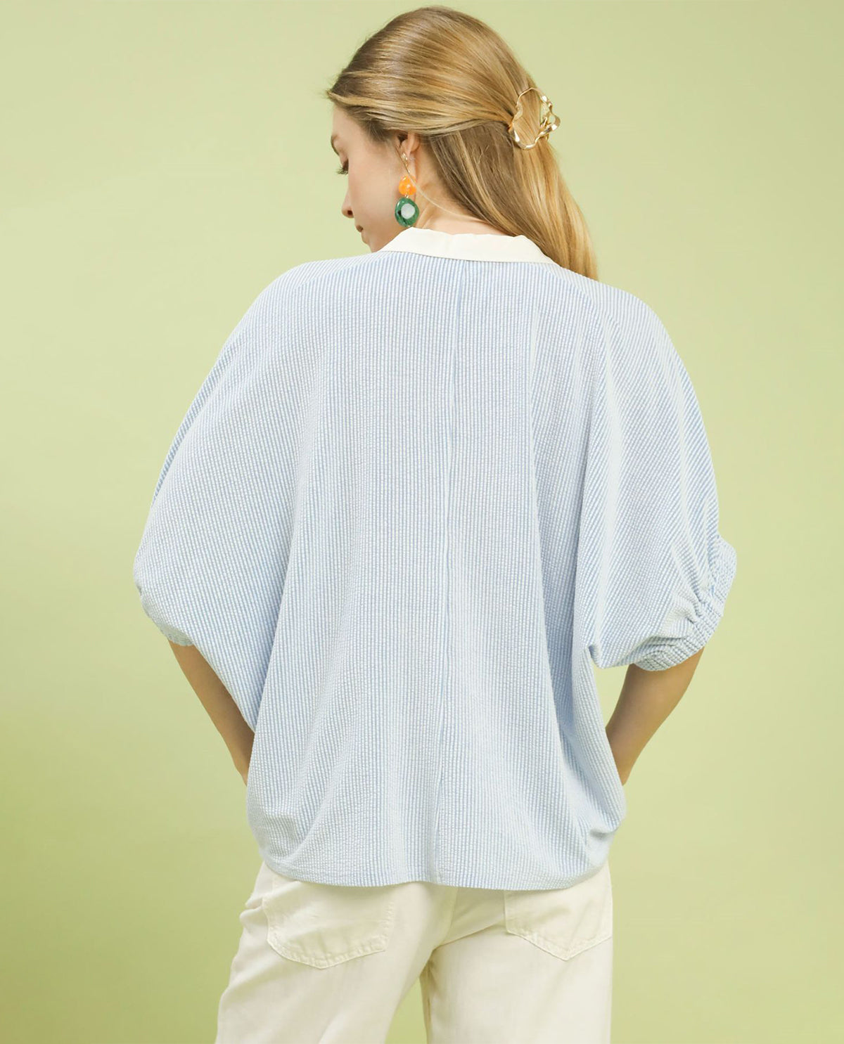 Umgee V-Neck Collar Dolman Top Blue