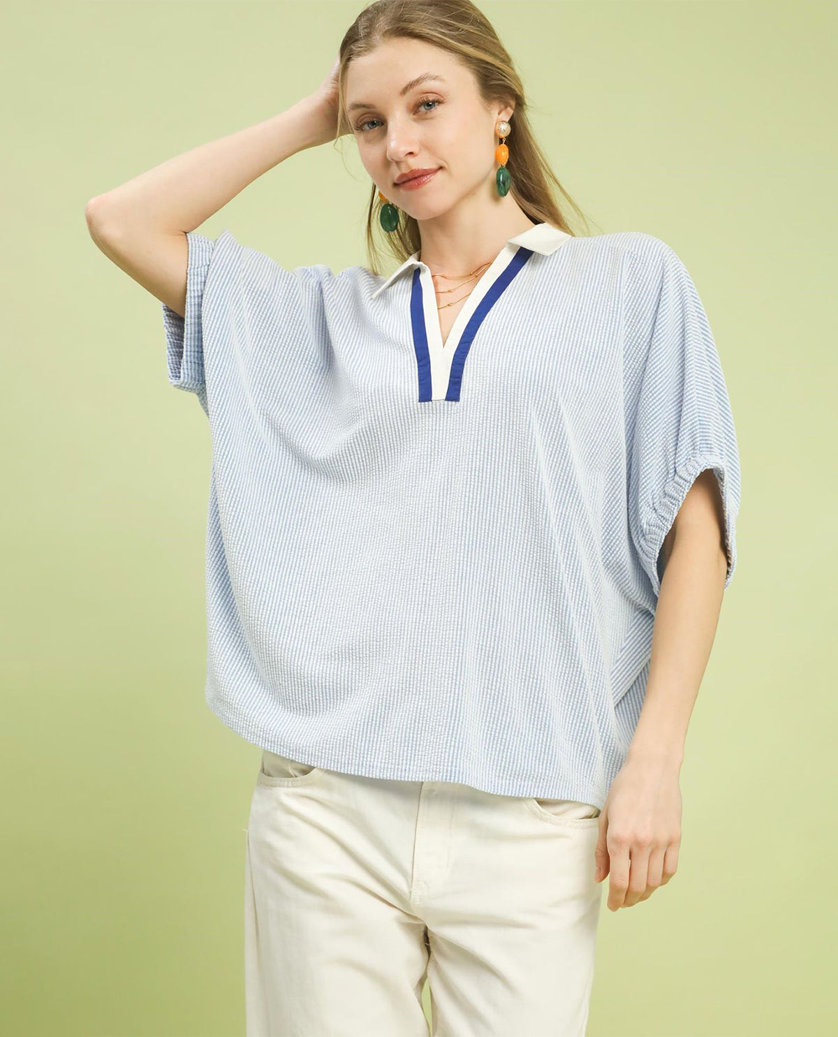 Umgee V-Neck Collar Dolman Top Blue