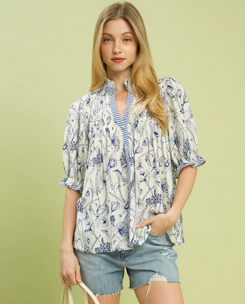 Umgee Mixed Print Button Down Top Blue
