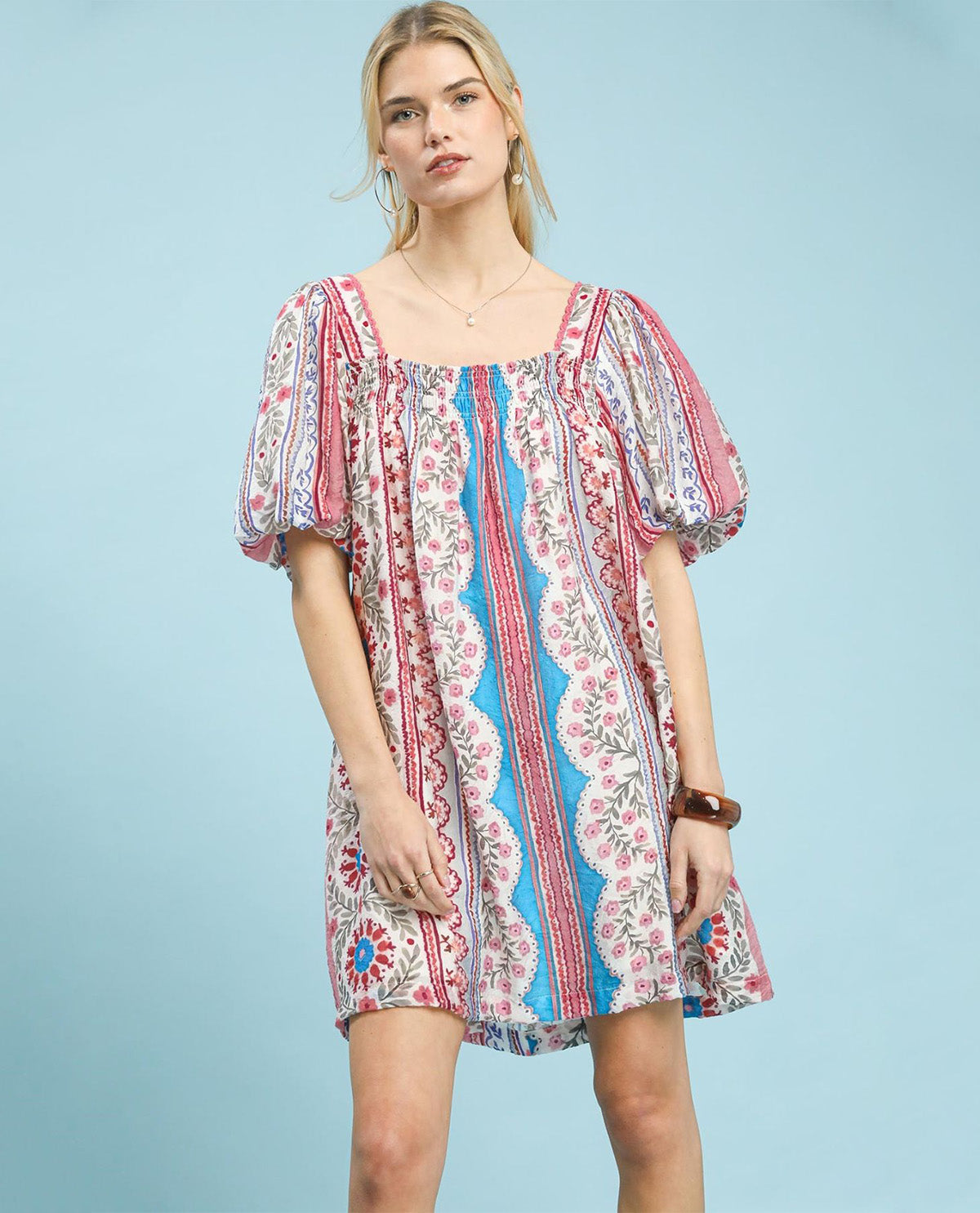Umgee Square Neck Print Dress Blue