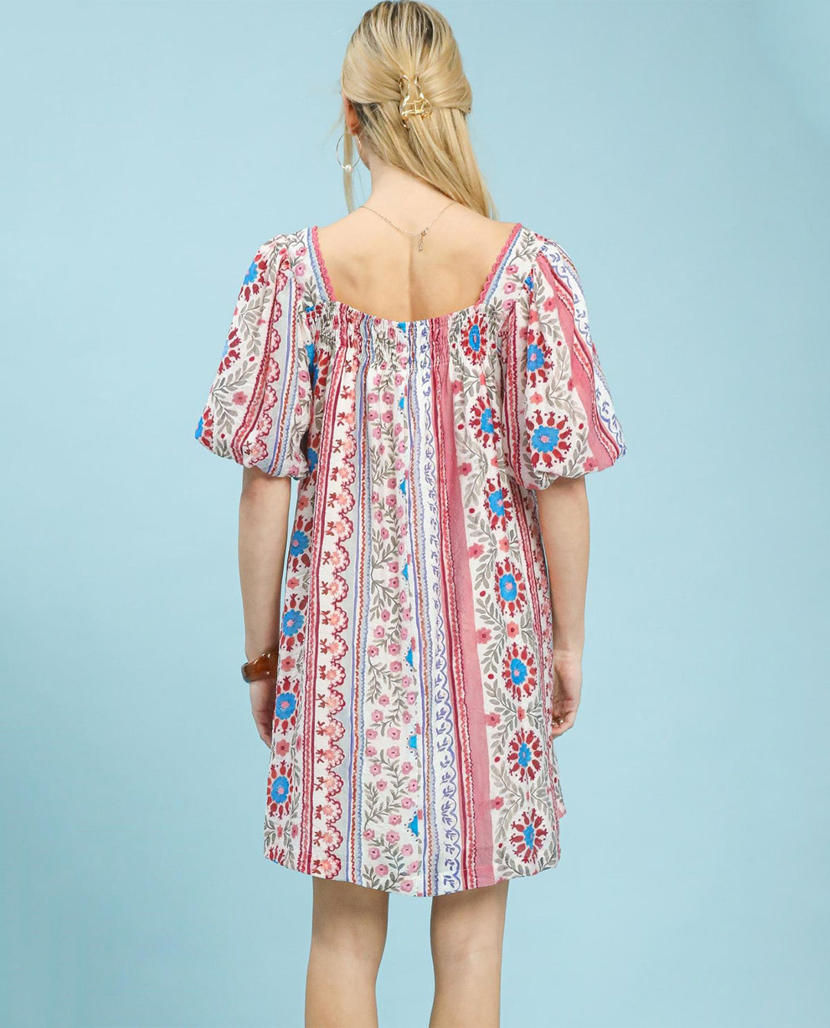 Umgee Square Neck Print Dress Blue