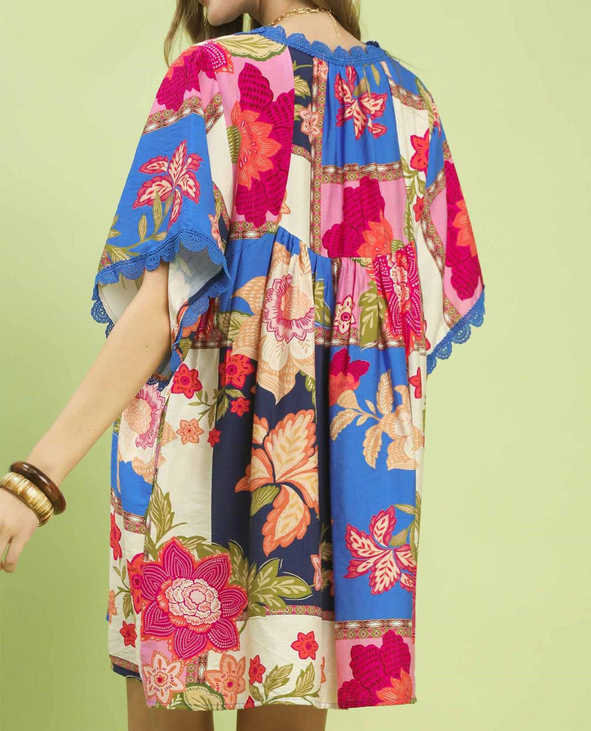 Umgee Print V-Neck Dress with Lace Blue