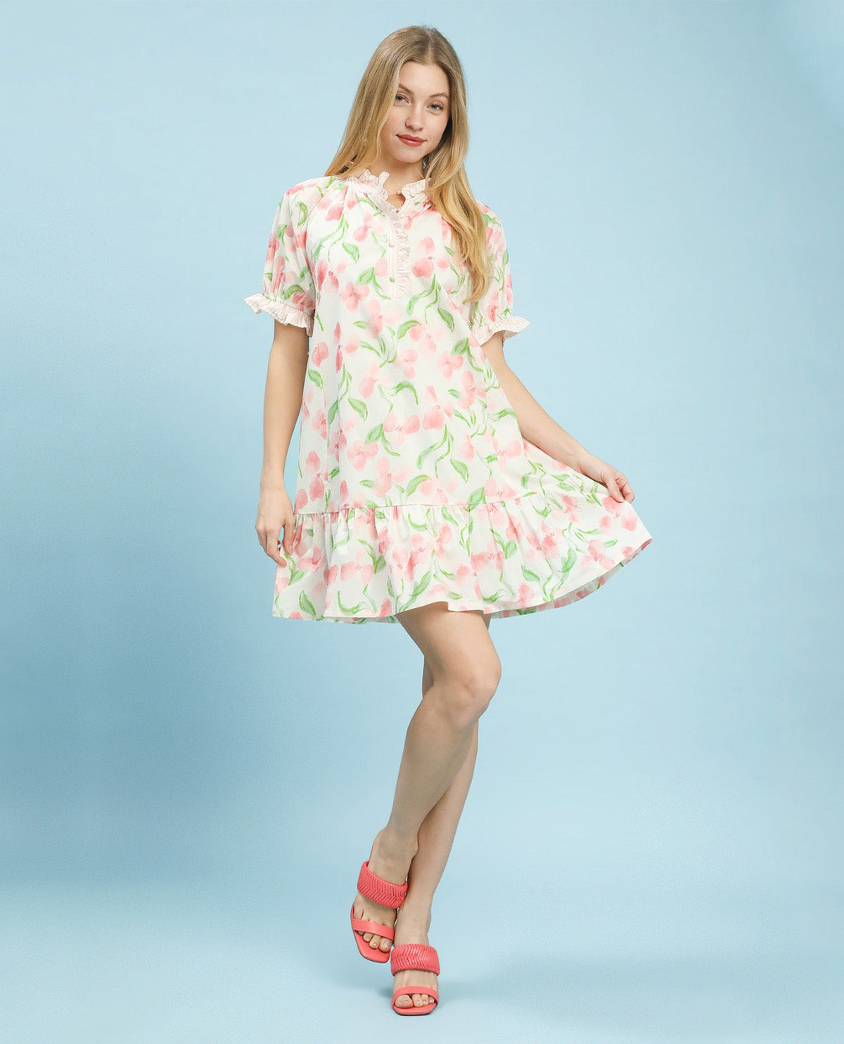 Umgee Stripe and Floral Print Dress Pink
