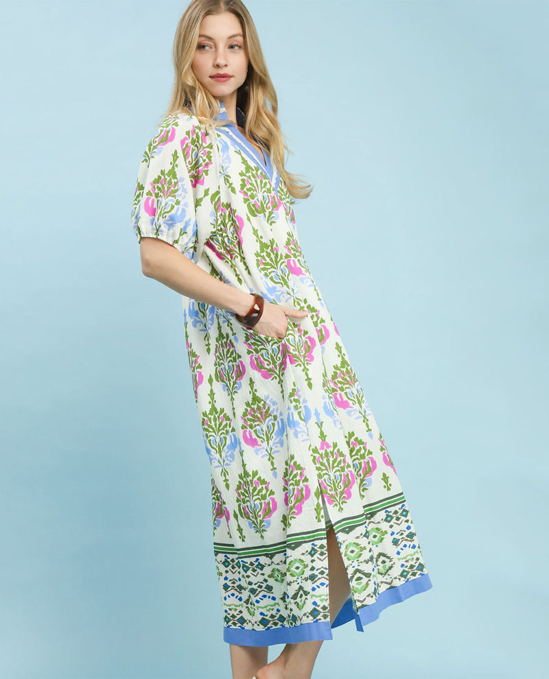 Umgee Border Print Dress With Lace Cream
