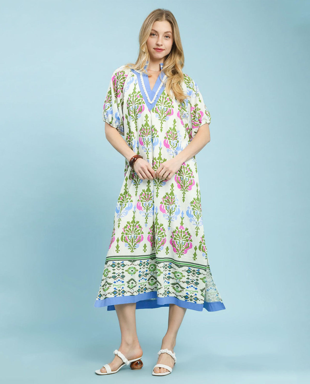 Umgee Border Print Dress With Lace Cream