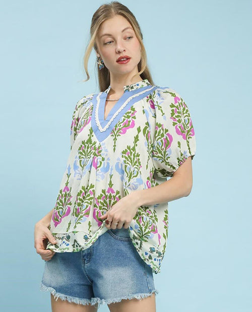 Umgee Border Print Top With Lace Cream