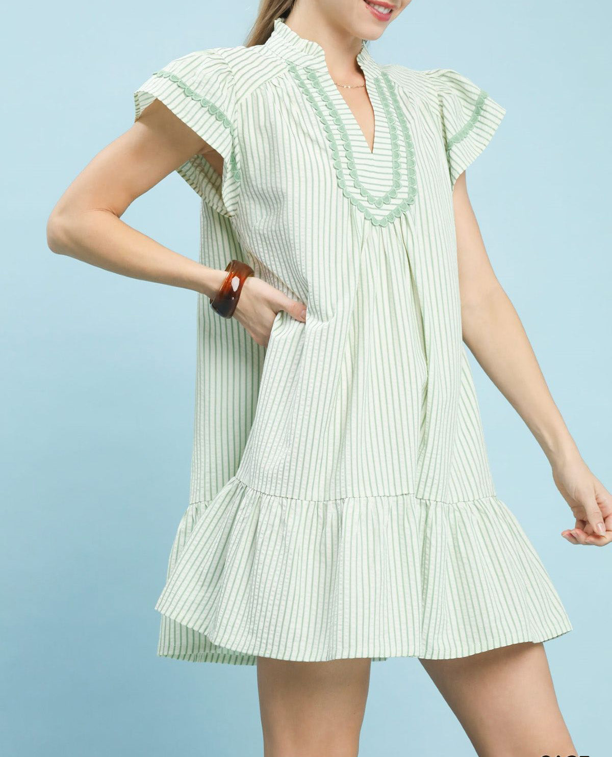 Umgee Ruffle Sleeve Dress With Lace Sage