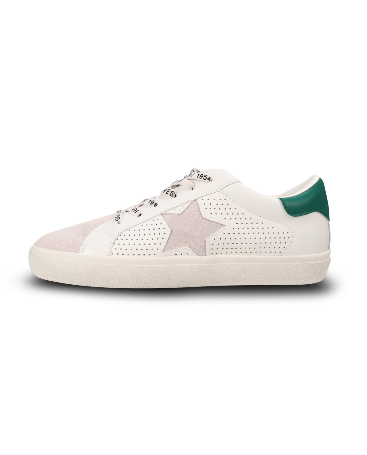 A low-top sneaker featuring a white leather upper with a large nude star on the side, perforated details, a nude suede toe cap, white laces, and a dark green heel tab, set against a plain white background.