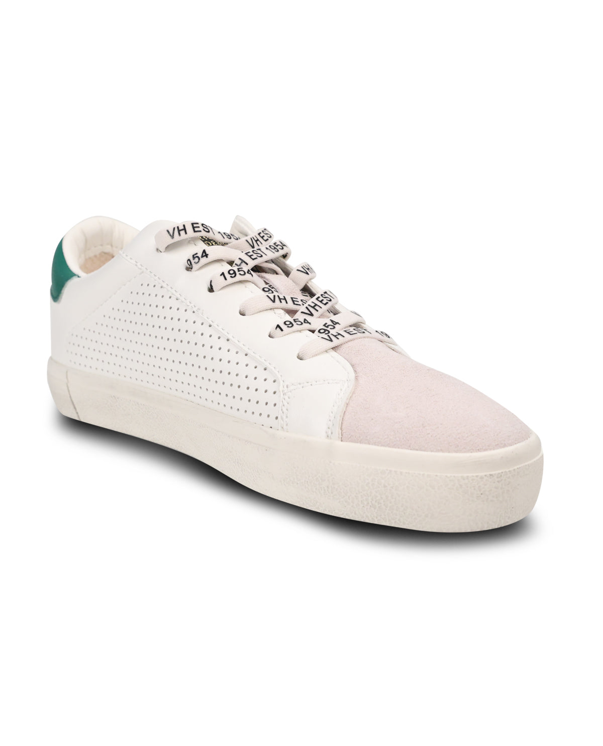 A low-top sneaker in white and nude, featuring perforated leather on the side, a smooth nude suede toe cap, and patterned gray laces with text.