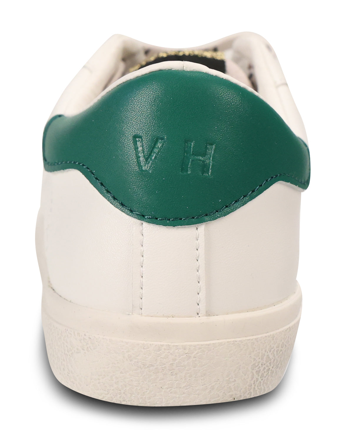 Close-up rear view of a white leather sneaker with a dark green heel tab featuring embossed 'V H' lettering, on a white background.