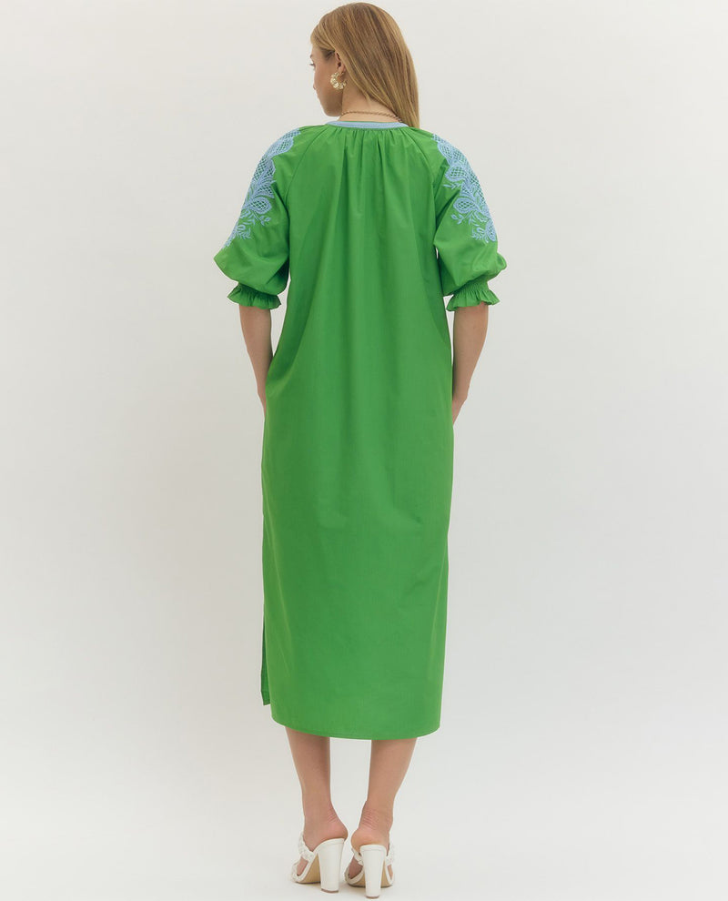 Entro Solid Dress With Contrast Embroidery Green